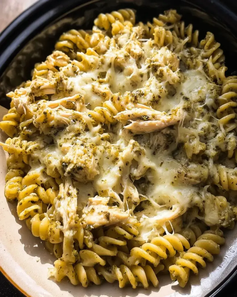 Slow Cooker Pesto Mozzarella Chicken Pasta