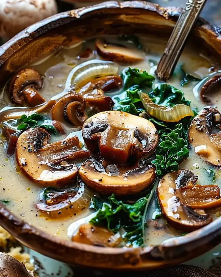 Wild Mushroom, Caramelized Onion and Kale Soup