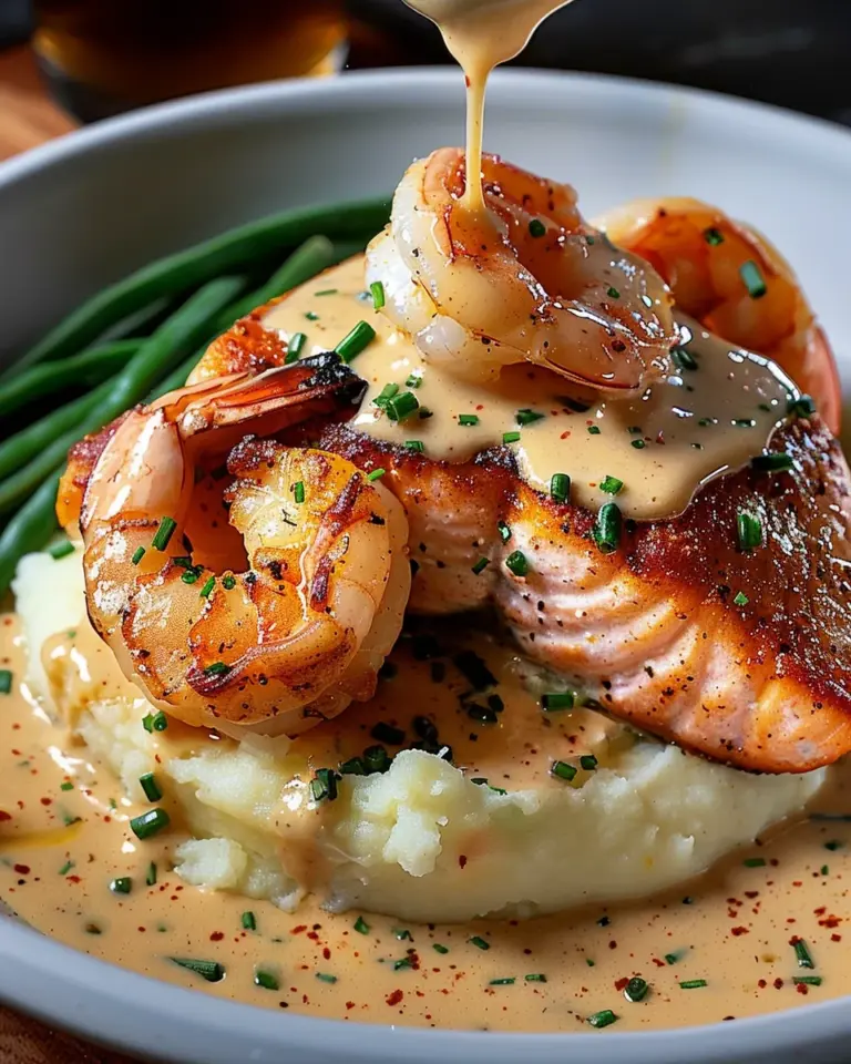 Cajun Shrimp and Salmon with Garlic Cream Sauce, Mashed Potatoes, and Green Beans: A Flavor-Packed Dinner to Impress