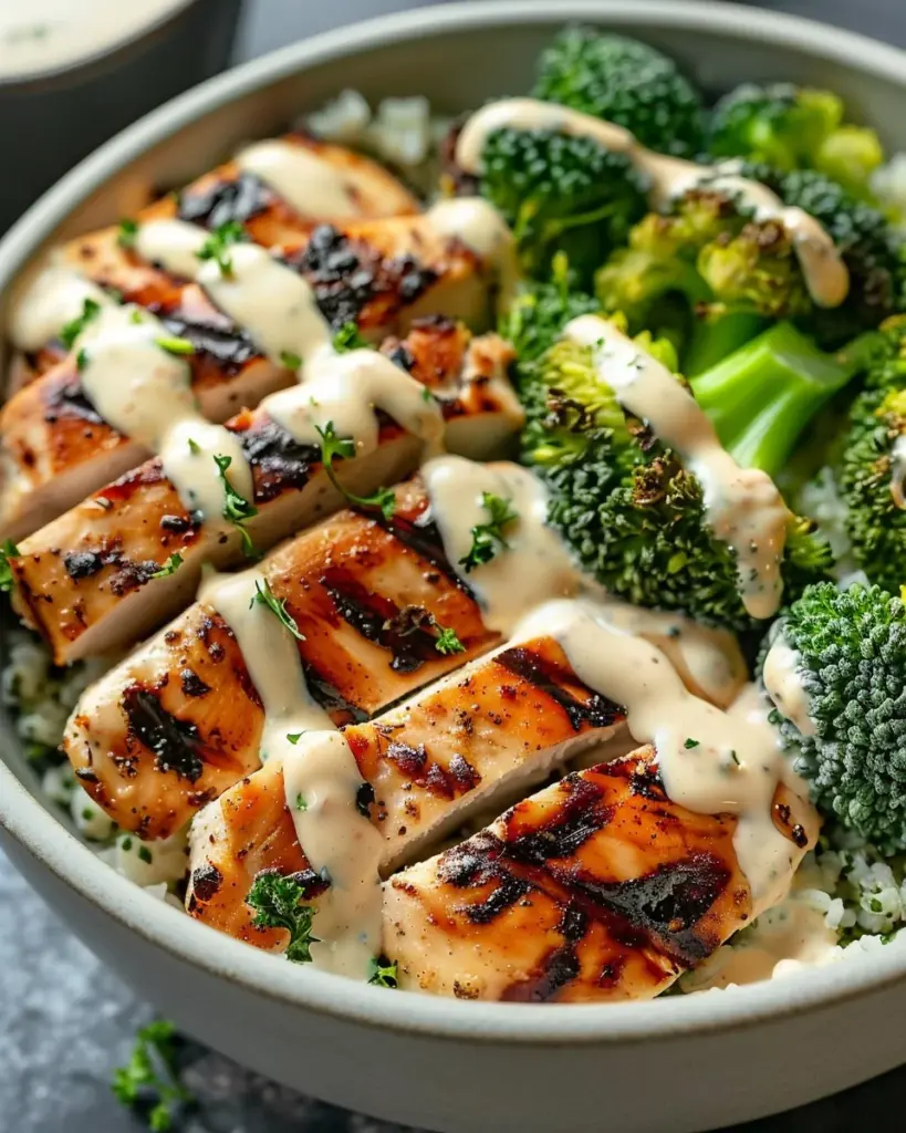 Grilled Chicken & Broccoli Bowls with Creamy Garlic Sauce