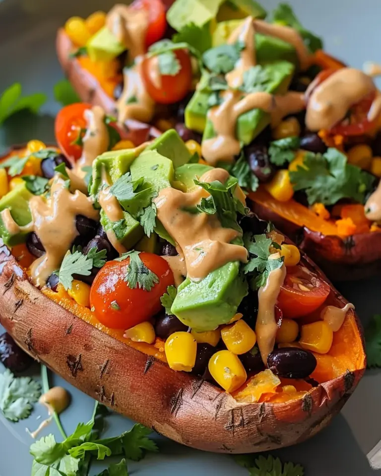 Stuffed Sweet Potato with Avocado, Black Beans & Cilantro Lime Crema