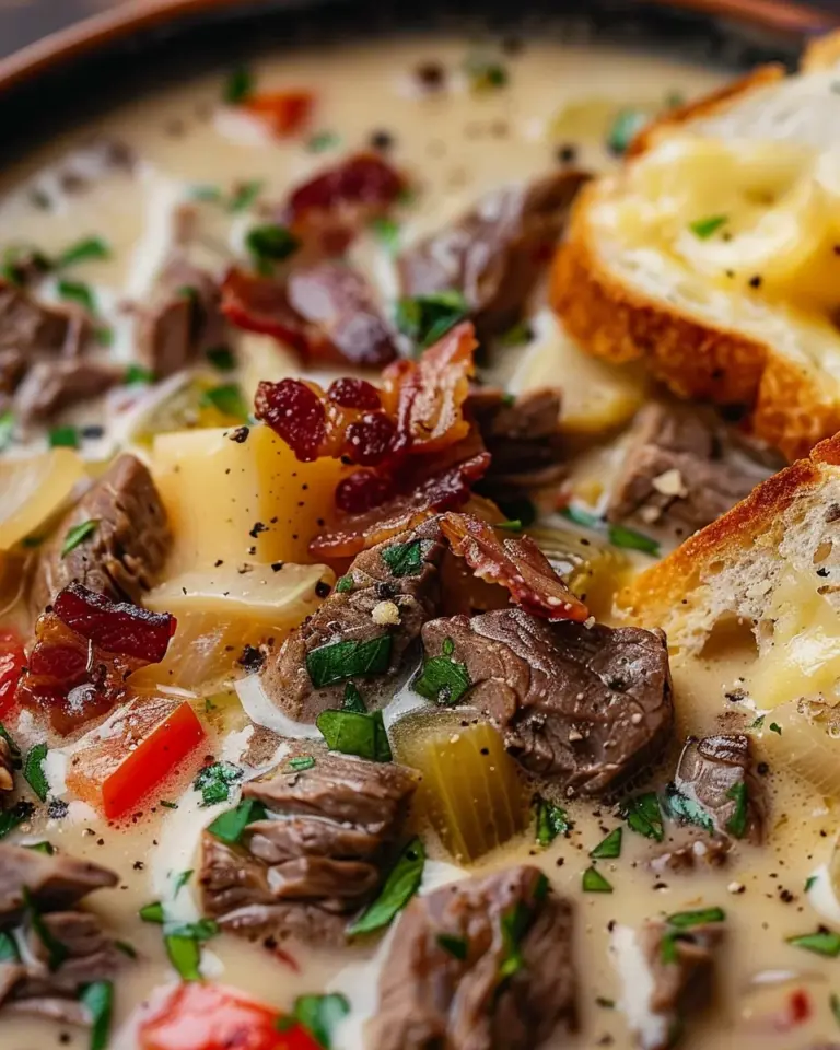 One-Pot Philly Cheesesteak Soup with Bacon and Cheesy Toast