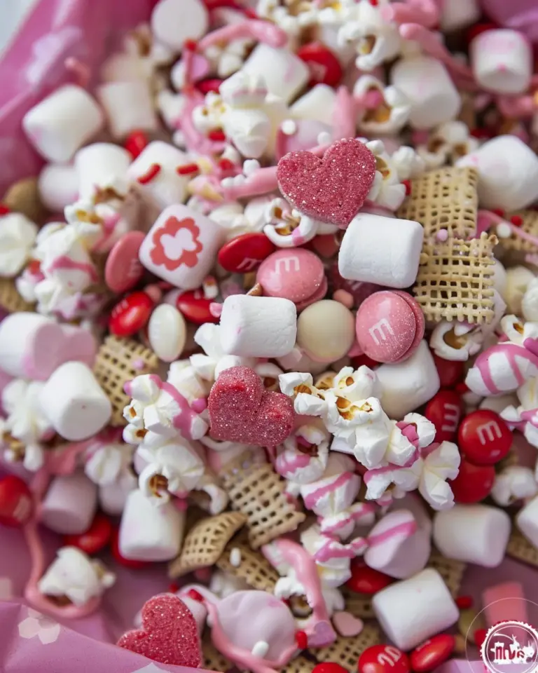 Valentine’s Day White Chocolate Popcorn Muddy Buddy Snack Mix