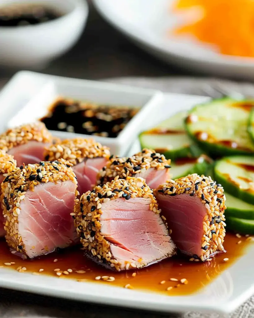 Seared sesame crusted tuna with orange ginger soy sauce