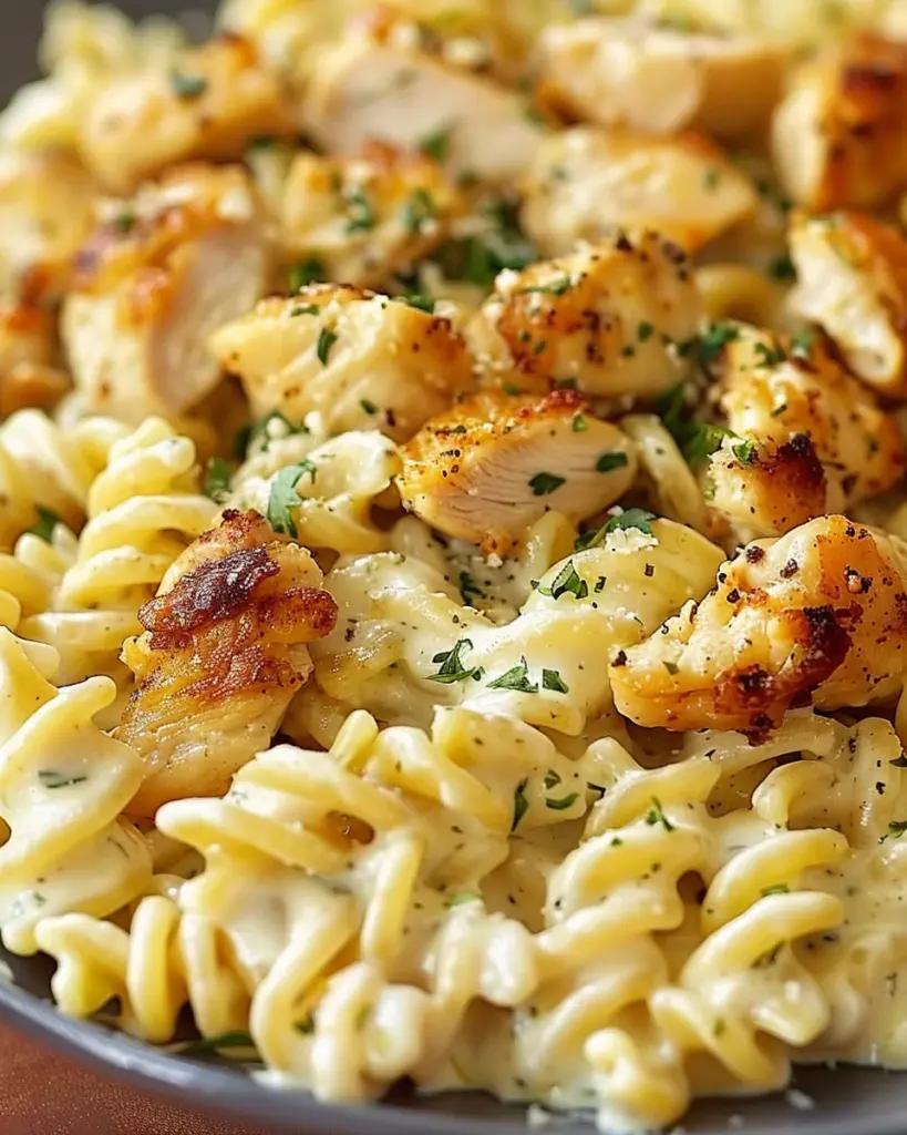 Cheesy Alfredo Twisted Pasta with Golden Garlic Butter Chicken in Creamy Sauce