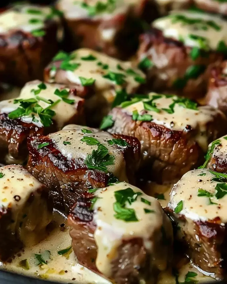 Tender Steak Bites in Garlic Butter with Creamy Parmesan Sauce