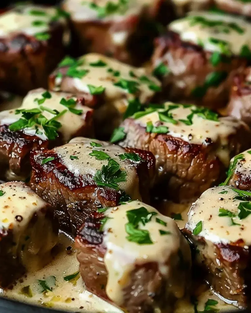 Tender Steak Bites in Garlic Butter with Creamy Parmesan Sauce