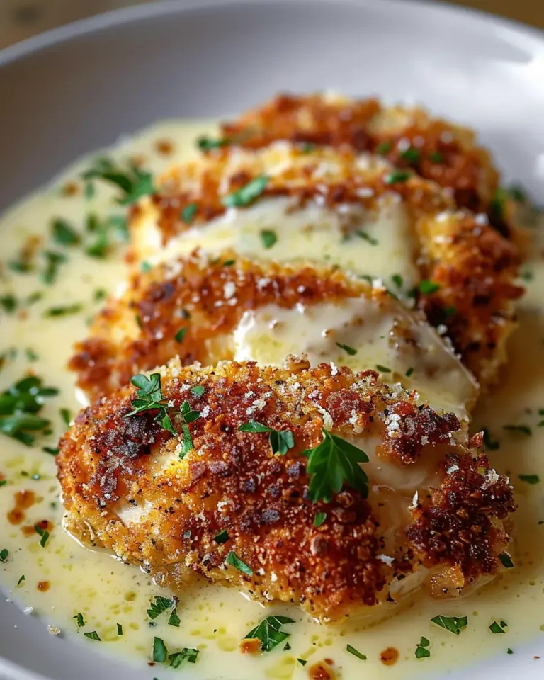 Crispy Parmesan Chicken with Garlic Cream Sauce