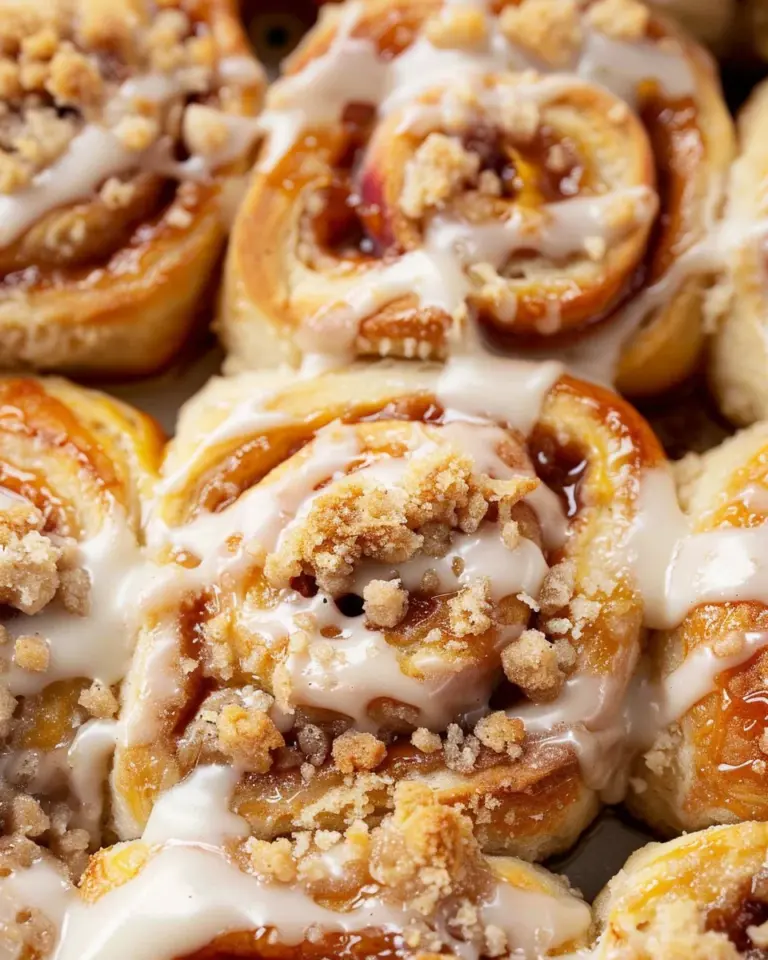 Peach Cobbler Cinnamon Rolls with Crumb Topping