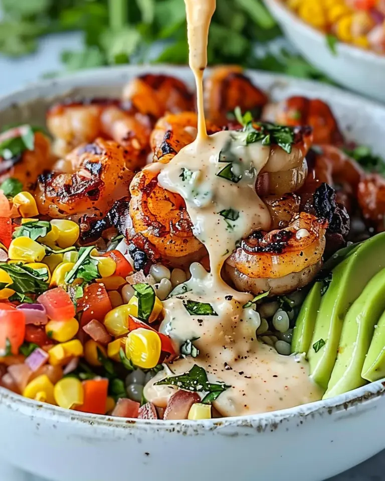Grilled Shrimp Bowl with Avocado, Corn Salsa & Creamy Garlic Sauce: An Incredible 7-Ingredient Recipe