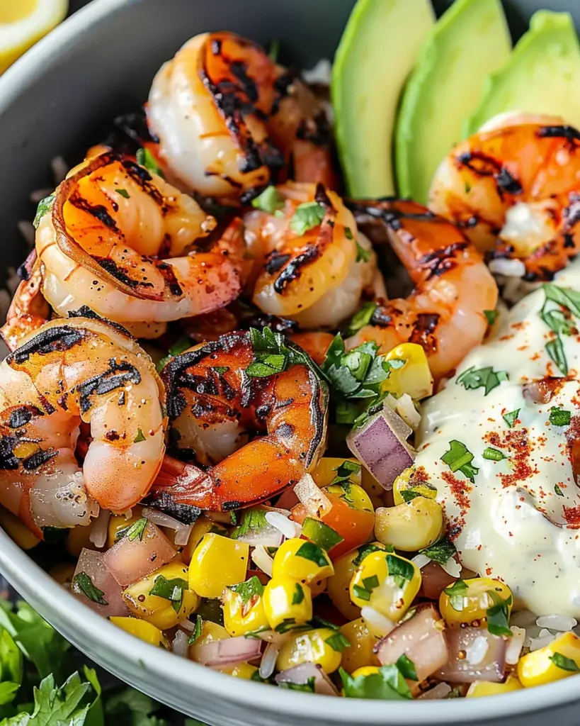 Grilled Shrimp Bowl with Avocado, Corn Salsa & Creamy Garlic Sauce