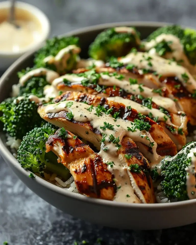 Grilled Chicken & Broccoli Bowls with Creamy Garlic Sauce