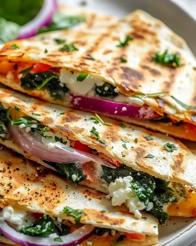 Mediterranean Quesadillas with Spinach Feta Mozzarella and Red Onion