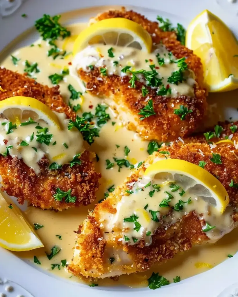 Lemon Pecorino Crusted Chicken with Creamy Lemon Sauce