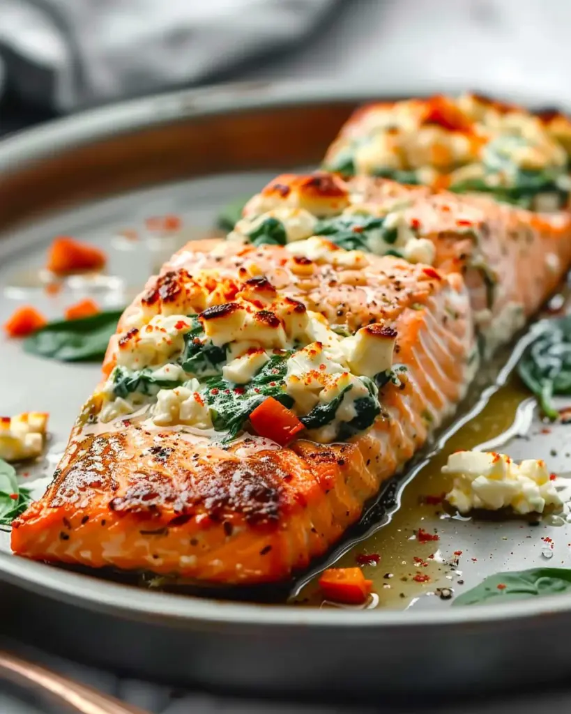 Simple Baked Stuffed Salmon with Spinach and Feta