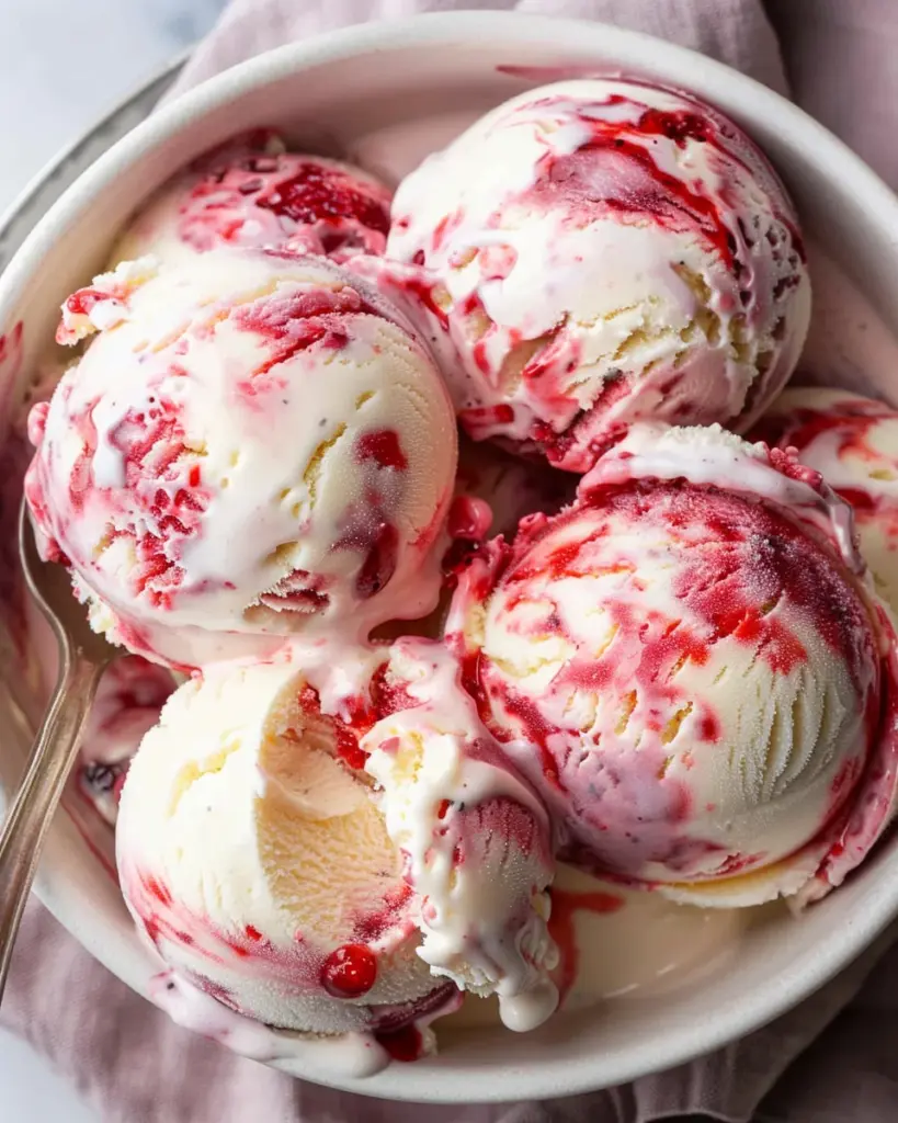 Mascarpone Ice Cream swirled with Strawberry Sauce