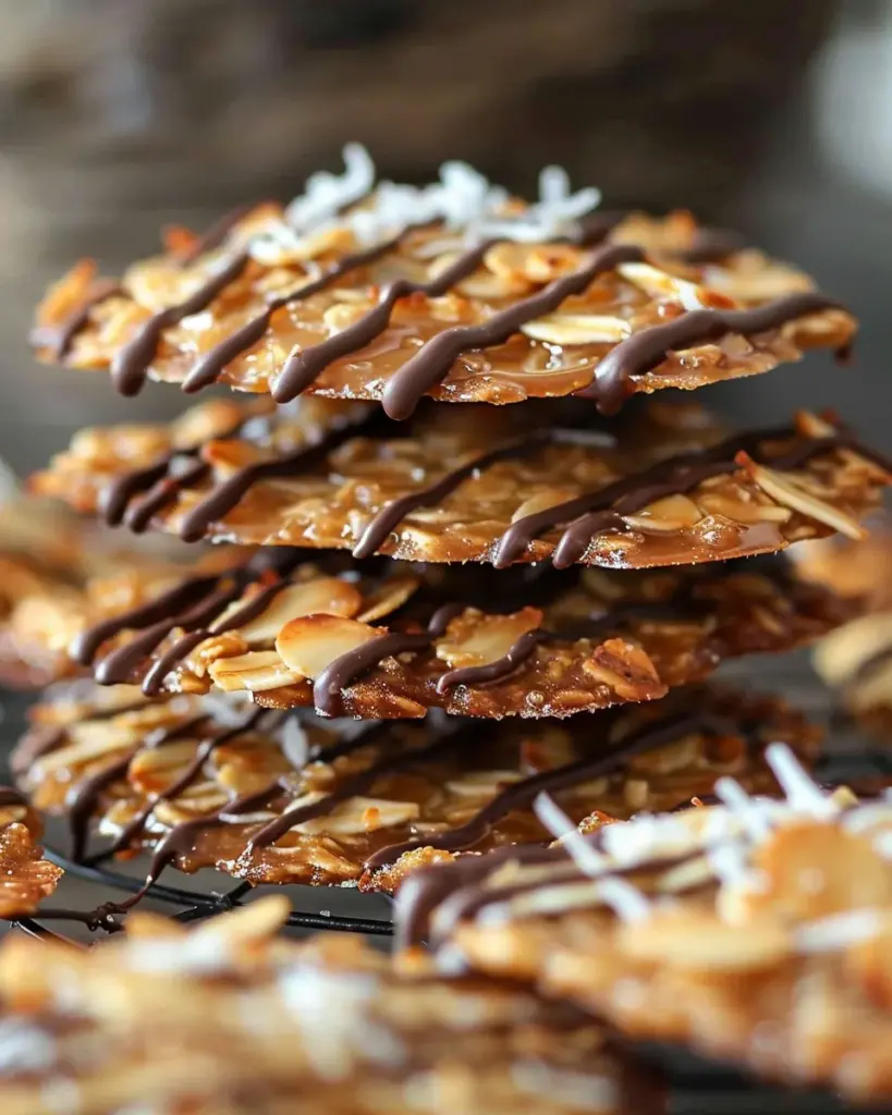 Thin Crispy Oatmeal Cookies with Toasted Coconut and Chocolate Drizzle